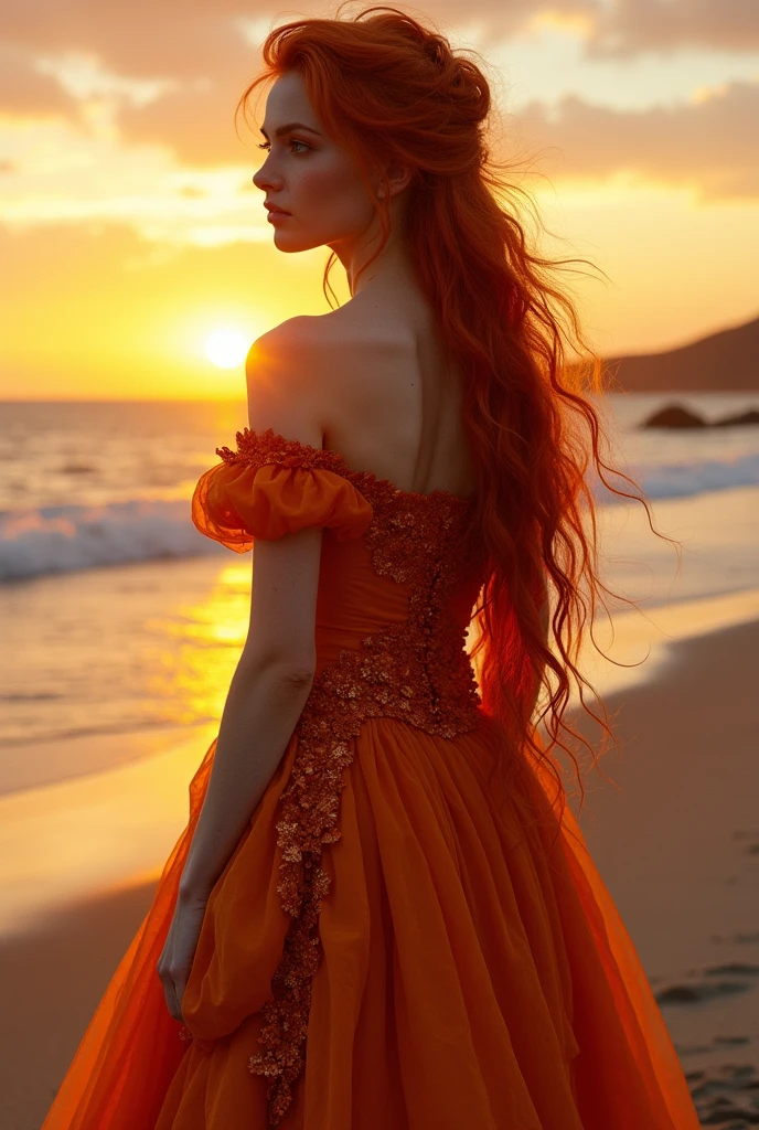 Red-haired snake woman,in orange Victorian clothing,sunset background on the beach with sun rays