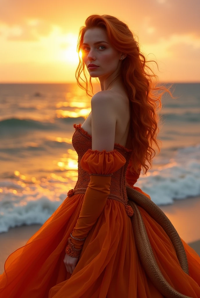 Red-haired snake woman,in orange Victorian clothing,sunset background on the beach with sun rays