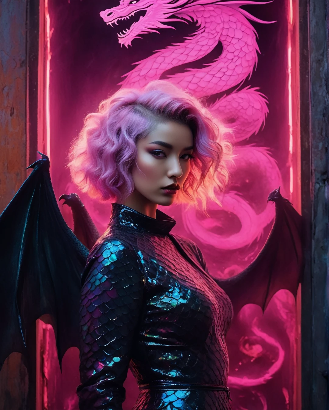 (masterpiece, 4k ,ultra detailed,raw photo:1.2),illustration,
(horror art, dread, creepy, forboding, dark, unity 8k wallpaper, ultra detailed, beautiful and aesthetic, masterpiece, best quality, cowboyshot, the most beautiful form of chaos, elegant, a brutalist designed, vivid colours, , tatoos, horror, solo, abandoned, dramatic lighting, , Realist portrait of a deception of ( breathtaking ethereal RAW photo of female ((extremely realistic photo)), (professional photo), (cowboy shot:1.25). award-winning photography, hyperrealistic, raw photo, fuji velvia. , sexy pose, . TSUBAKIDEF, ((((masterpiece, best quality, (Anime:1.4), pastel anime dragon girl, slime, wet look, shimmering lights, dragon in background, whirls of vapor, iridescent textures, dragon scales, dragon horns, dragon wings, translucent scales, soft neon pink light, ethereal ambiance, delicate details, magical atmosphere .), purgatory, neckles, , sweater latex dress, tight mini dress, beautiful face, cool vibes, killer, masterpiece, , thight latex dress, s, latex uniform, epic, dinamic pose((prison cell)), by james jean $, roby dwi antono $, ross tran $. francis bacon $, michal mraz $, adrian ghenie $, petra cortright $, gerhard richter $, takato yamamoto $, ashley wood, tense atmospheric, , , , sooyaaa,IMGFIX,Comic Book-Style,Movie Aesthetic,action shot,photo r3al,bad quality image,oil painting, cinematic moviemaker style,Japan Vibes,H effect,koh_yunjung ,koh_yunjung,kwon-nara,sooyaaa,colorful,roses_are_rosie, ct-fujiii, ct-goeuun, ct-eujiiin,ct-jeniiii,txznmec,ct-virtual, m3,(Scales_Squama),scalie,.,,),
(simple background:black and yellow background1.4),
(symmetry:1.2),
(art deco:1.4),
(retro-futuristic:1.4),
(minimalism:1.4),
(clean:1.4),
(flat_color:1.4),
(cyberpunk,android:1.4),
CCDDA Artstyle