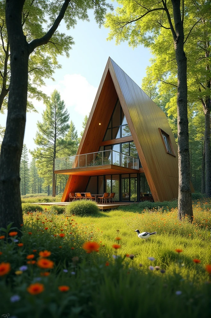 Could you create a house shaped like a tetrahedron in a place with nature? 