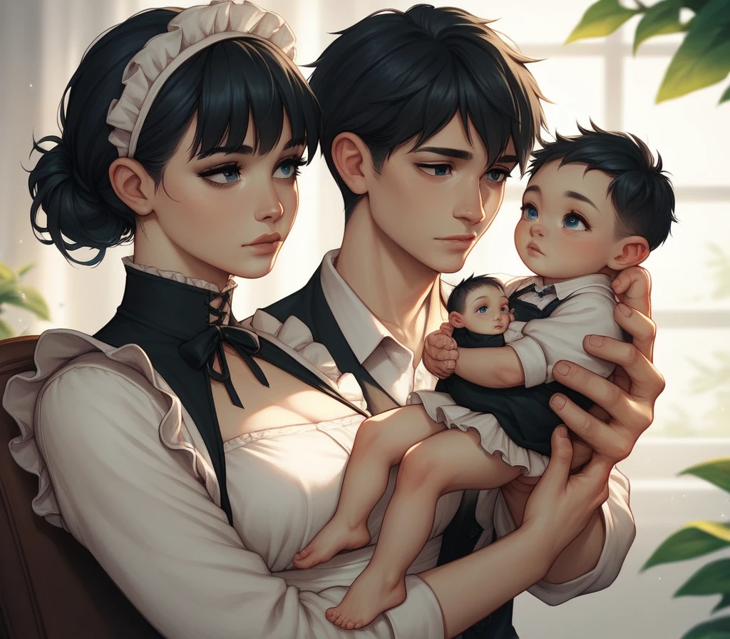 1 woman, long black hair, black eyes, dressed as a maid, carrying a baby with blue eyes and black hair, looking at the baby as a son, baby dress, humble baby clothes, anime style, The woman carrying her child happily