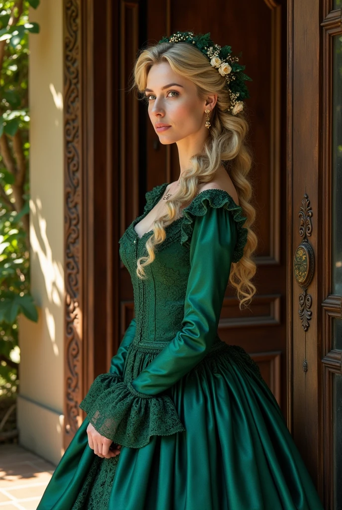 Create the image of a 49-year-old lady from the 19th century, in front of her house door, looking forward, with her face looking forward, in front of the camera, wearing an elegant dress and an extravagant hairstyle