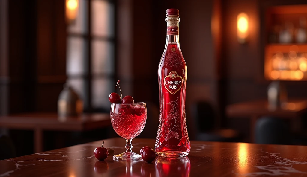 create a glass bottle for a cherry liqueur company, the name is: Cherry Rubi. What should convey: elegance and sophistication.