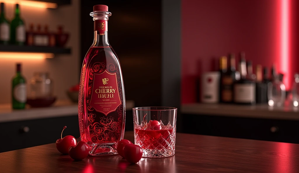 create a glass bottle for a cherry liqueur company, the name is: Cherry Rubi. What should convey: elegance and sophistication.