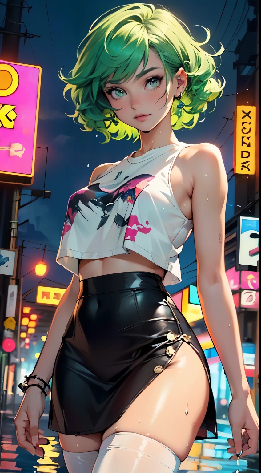 girl youtuber,(((1girl))),((extremely cute and beautiful green curly-haired girl)),
(short breasts:1.4),(((green curly hair:1.35,very curly hair,colored inner hair,ear breathing,short hair))),(((eyes green:1.3))),intricate eyes,beautiful detailed eyes,symmetrical eyes,big eyes:1.3,((fat)),(((lustrous skin:1.5,bright skin: 1.5,skin tanned,shiny skin,very shiny skin,shiny body,plastic glitter skin,exaggerated shiny skin,illuminated skin,wet legs))),detailed body,(detailed face),
cute,slutty,seductive,erotic,(((nsfw))),
zettai ryouiki,revealing clothing,show skin,((rave mini-skirt,visible thong straps,white loose tank top with an pop art print)),((wet clothes,intricate outfit,intricate clothes)),
(dynamic pose:1.0),embarrassed,(centered,scale to fit dimensions,Rule of thirds),
cyberpunk city by the ocean at night, with bright neon signs and dark stormy clouds and puddles, scenery:1.25,
artistic photography,(photography taken by sldr),highres, sharp focus, (ultra detailed, extremely detailed), (photorealistic artwork:1.37),(extremely detailed CG unity 8k wallpaper),((synthwave background theme)),(((vibrant colors))),(intricate background),(masterpiece),(best quality),