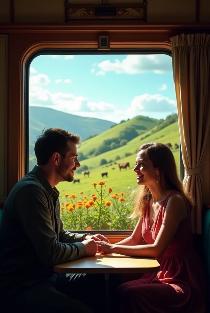 A man and woman sitting on a train across to each other and there is green picturesque view outside