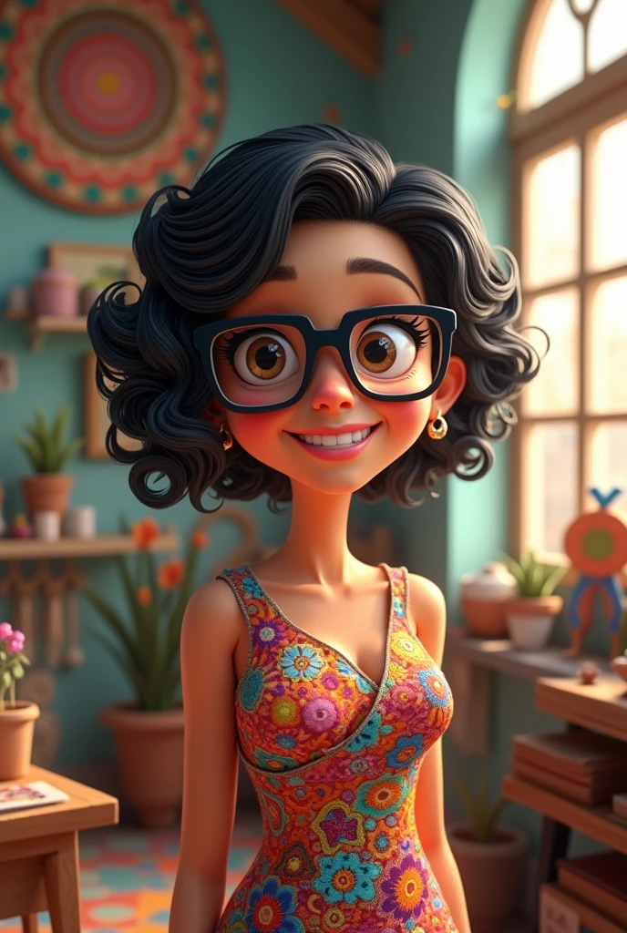 3D poster inspired by Pixar capturing a scene with a 55-year-old woman, medium and square black glasses, light brunette, long eyelashes, small nose, arched eyebrows, square chin, overweight, slightly chubby, slightly full lips, smiling, hair in black color and short on the side, all curly hair, full of curls, shaved nape and side bangs with curls, very long with curls, with asymmetrical pixie haircut in which one side is very short and the left side is longer, dress long, wide and colorful with geometries, atelier with mandalas, a beautiful mole on the upper lip, between the nose and the mouth