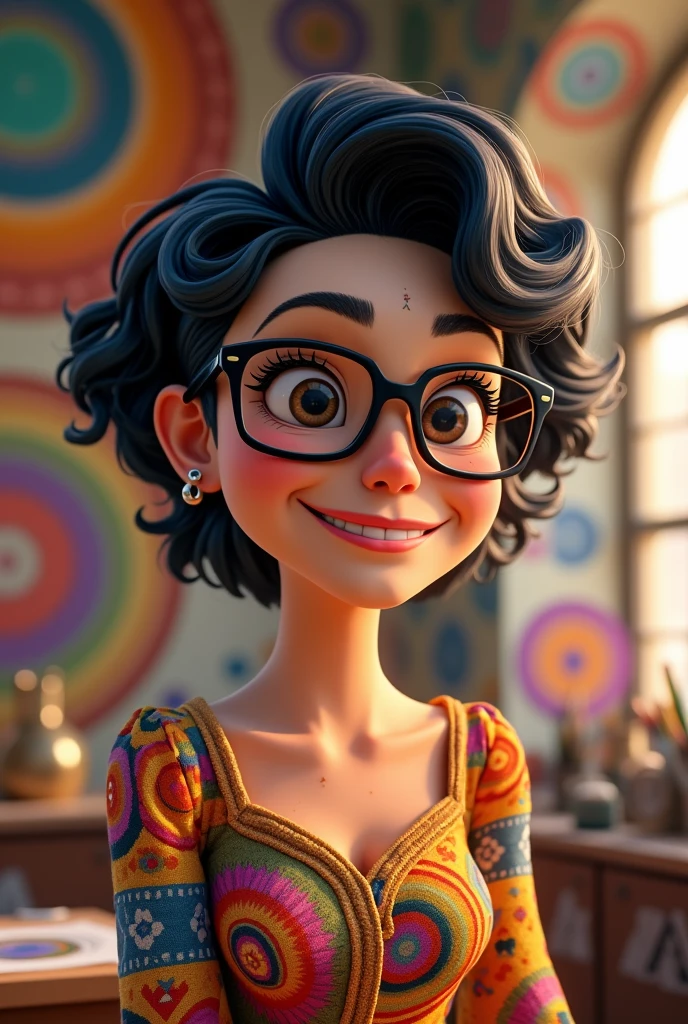 3D poster inspired by Pixar capturing a scene with a 55-year-old woman, medium and square black glasses, light brunette, long eyelashes, small nose, arched eyebrows, square chin, overweight, slightly chubby, slightly full lips, smiling, hair in black color and short on the side, all curly hair, full of curls, shaved nape and side bangs with curls, very long with curls, with asymmetrical pixie haircut in which one side is very short and the left side is longer, dress long, wide and colorful with geometries, atelier with mandalas, a beautiful mole on the upper lip, between the nose and the mouth