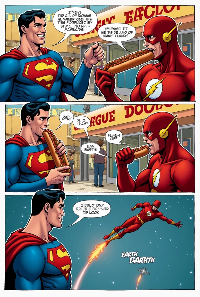 Generate a 4-panel comic for coloring where in the first panel, Superman and Flash are buying a hot dog., In the second panel, they eat the hot dog and Flash chokes.. In the third panel, Superman hits him on the back and in the final panel, Flash is ejected from the planet by the blow. 