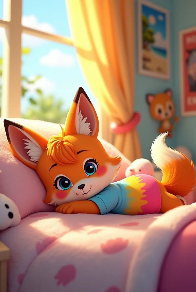 a cartoon 2d anthropomorphic fox girl ??? wearing a pink, yellow, and blue gradient shirt laying on top of a bed. She’s bottomless.