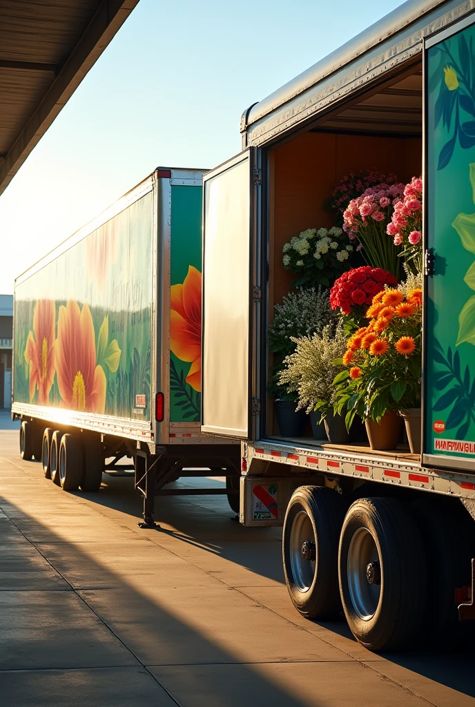 Cut flowers, plants, and other horticultural products are transported in reefer trailers to preserve their freshness and extend their shelf life. show fully picture with trailers 
