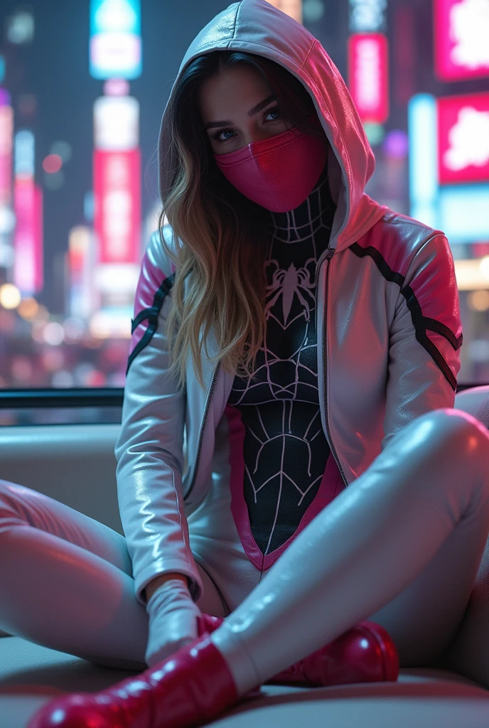 Extreme Detail CG Unity 8K wallpaper, masterpiece, highest quality, Exquisite lighting and shadow, highly dramatic picture, Cinematic lens effect, a girl resembling Silk from Spider-Man, with long black hair and blonde highlights, sitting on a sleek, modern couch in a dynamic pose. Her costume is primarily made of shiny white leather with black spider web patterns and pink accents, drawing from Spider-Gwen's design. The chest to neck area features a dark silver part with intricate web patterns.She wears a red mask that covers the lower half of her face, the suit includes a hood with a web pattern inside, similar to Spider-Gwen. The background is a high-tech city with vibrant neon lights and towering skyscrapers, creating a dynamic and visually striking scene. Excellent detail, excellent lighting, wide angle, excellent rendering, enough to stand out in its class, focus on white Spider-Man costume, complex spider textures.