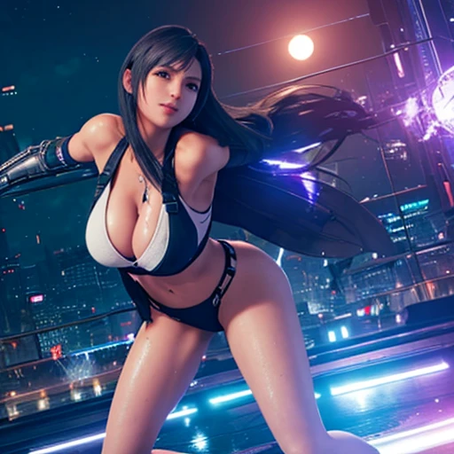 ((Master quality, 8K, masterpiece:1.3, ultra-detailed, high resolution, RAW Photos, detailed , blurry, Actual, hyper realistic, photo, HDR)), BREAK, perfect anatomy, perfect hands, perfect legs, perfect feet, detailed eyes, BREAK, One person alone, ff7r style, tifa lockhart,, beautiful face, beautiful detailed eyes, (dynamic posing ), long hair, ( Round and Stacked Breasts ), Cleavage, seductive smile:1.5, Sweat-soaked skin, BREAK, wearing( ), , Graffiti art, BREAK, ( Random Angle, full-body, ), dynamic angle, , background(Realistic , cinematic lighting, depth of field, night , the full moon,, cyberpunk city atmosphere light particles, , )