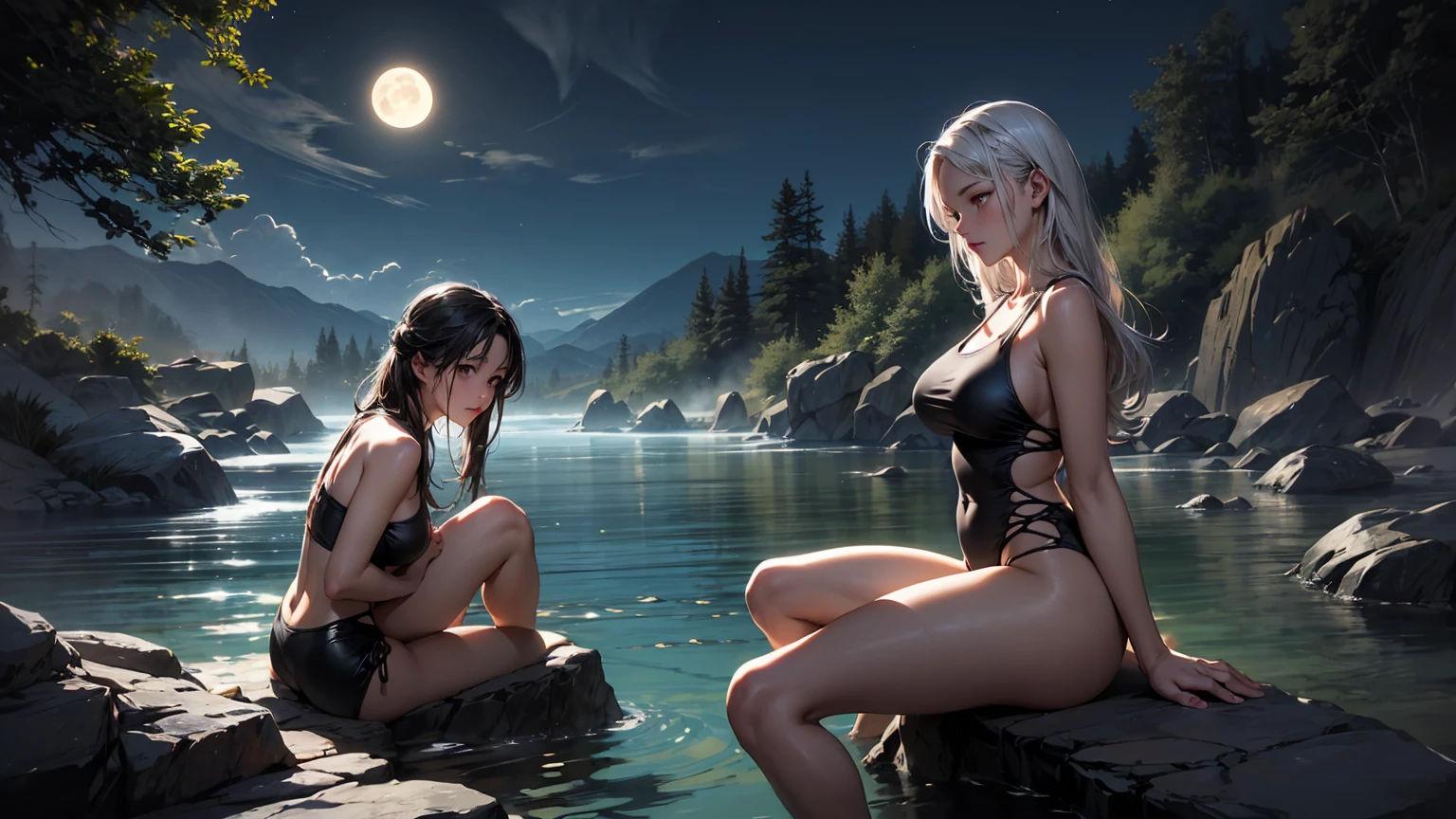 Create a detailed image of a thick anime girl with long, silver hair, relaxing on the edge of a hot spring in a secluded, rocky area under the night sky. She’s wearing a simple, yet elegant, swimsuit that highlights her full figure. The steam rising from the hot spring and the glow of the full moon above add a mystical quality to the scene. Her calm expression as she dips her toes into the warm water, surrounded by nature, gives the image a serene and enchanting feel.
