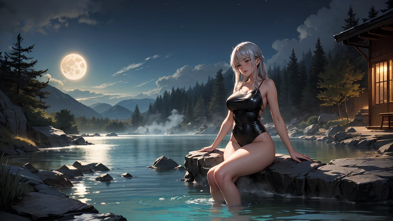 Create a detailed image of a thick anime girl with long, silver hair, relaxing on the edge of a hot spring in a secluded, rocky area under the night sky. She’s wearing a simple, yet elegant, swimsuit that highlights her full figure. The steam rising from the hot spring and the glow of the full moon above add a mystical quality to the scene. Her calm expression as she dips her toes into the warm water, surrounded by nature, gives the image a serene and enchanting feel.