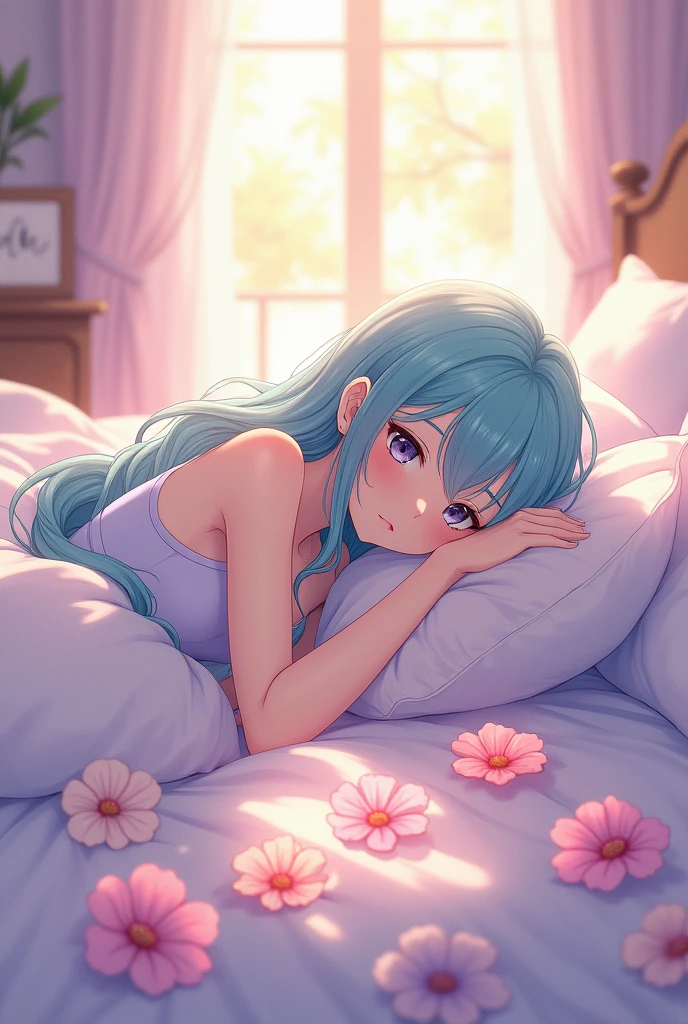 An anime-like girl who is naked in bed waiting for her lover.