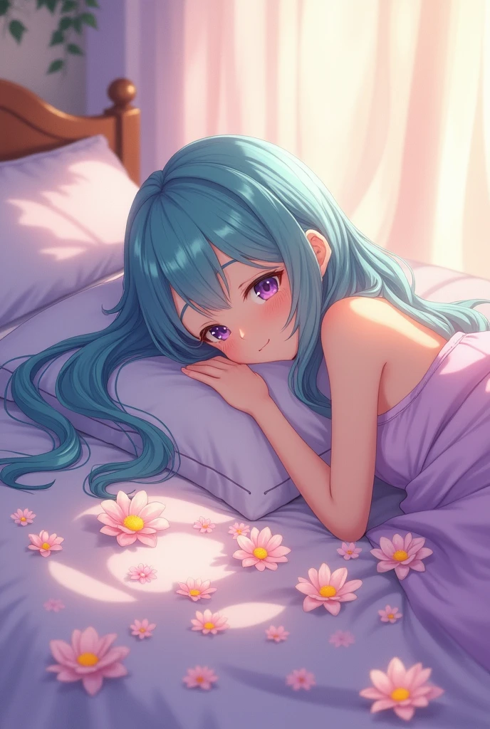 An anime-like girl who is naked in bed waiting for her lover.