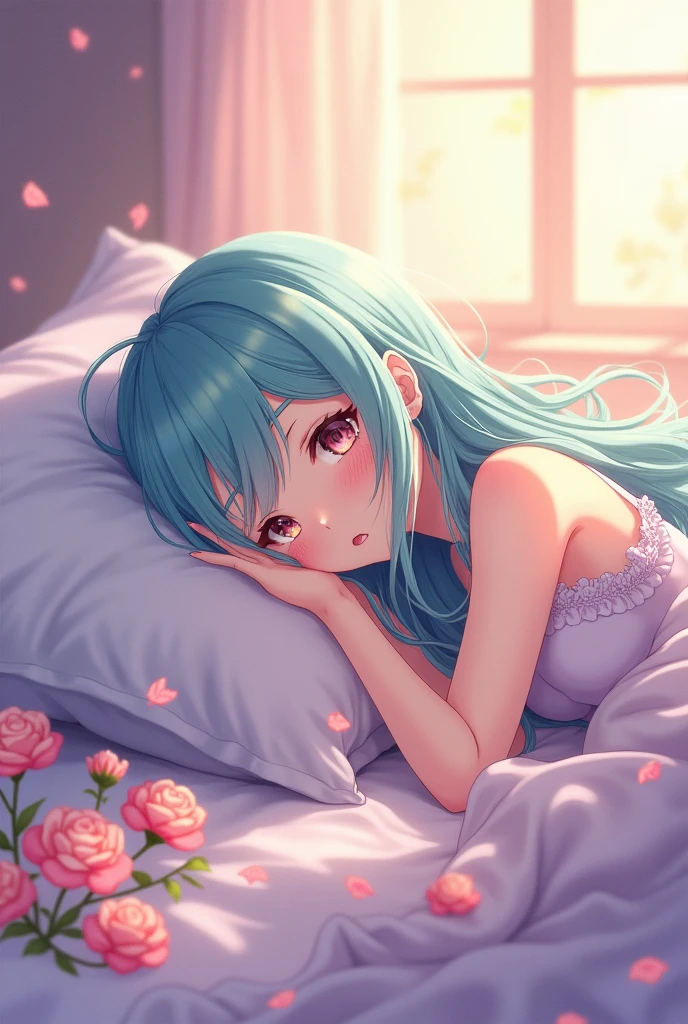 An anime-like girl who is naked in bed waiting for her lover.