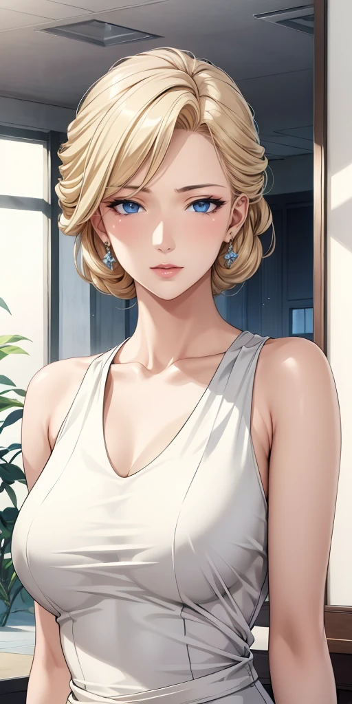 Elegant mature female, perfecteyes eyes, blue eyes, blonde hair, soft light, high detailed, 4k resolution, high quality, beautiful cg,