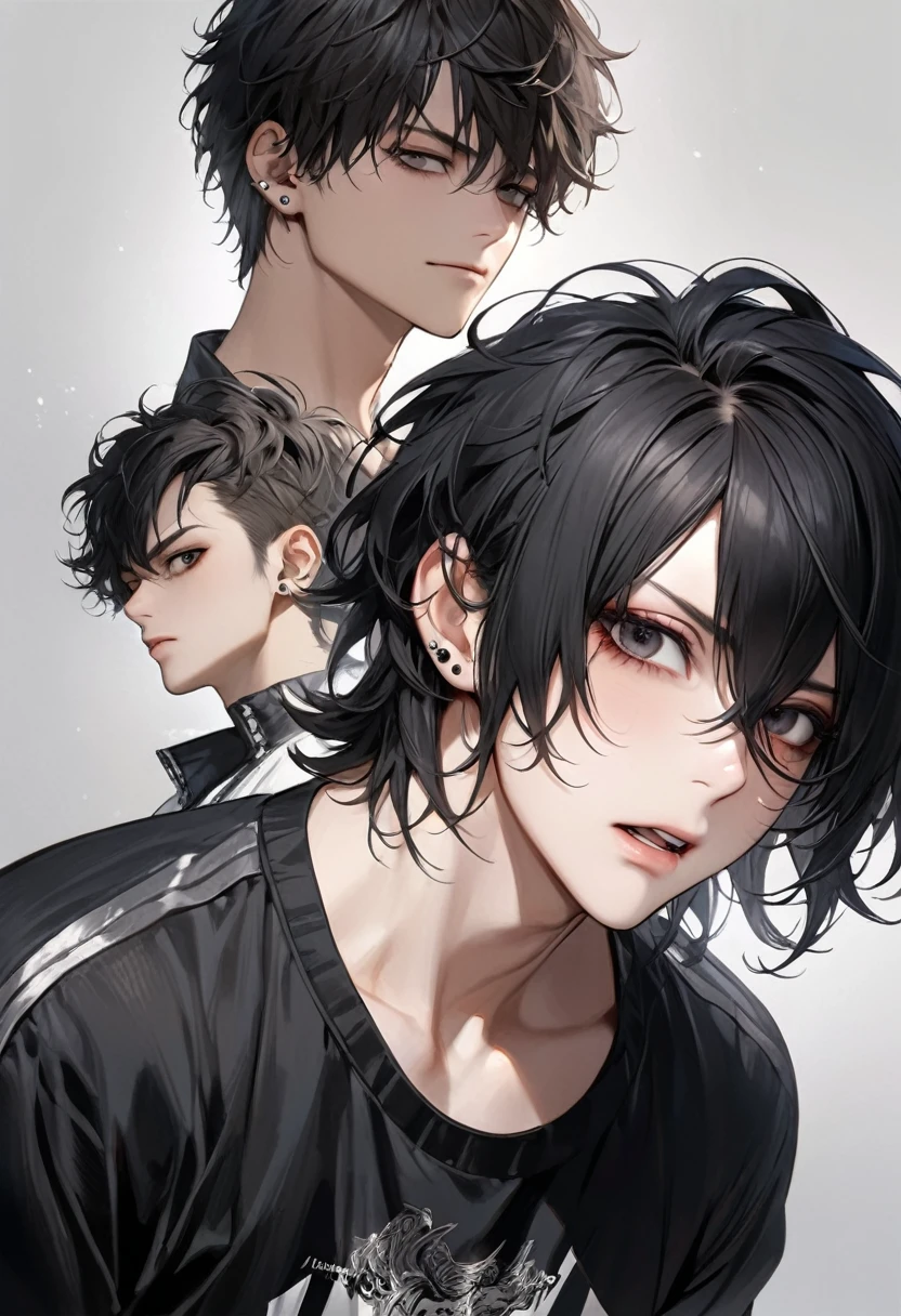 Ultra-high resolution,(Realistic:1.4), ((Highest quality)), ((masterpiece)), Black hair, ruffled fluffy hair, curly hair, Short Hair、Flowing bangs、black eyes,Cool guy,Musician、waist-up、adultの歳,Short bangs,Cool piercings,Sparkling、Sidelong glance、Alluring、adult、looks strong、Visual Kei、Handsome、HYDE、Droopy eyes、Singing、Charisma、juvenile、Beardless、Droopy eyes, mascular, racer clothing, seriousl expression