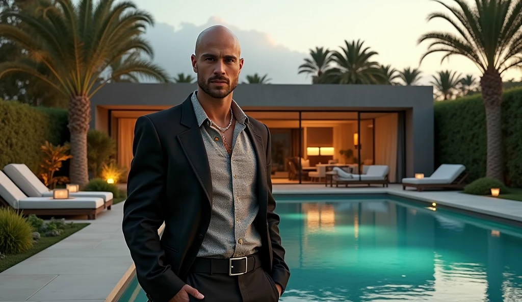A charismatic young bald wizard, Social wizard's dress almost a suit without a hat, with jewelry and dollars coming out of his pocket, is standing confidently. Next to you, a stunning woman, Dressed in luxurious long clothes, Captivating gaze, representing wealth and attraction. Ao fundo, a large ultra-modern house with an impeccable garden and a swimming pool. High-end sports cars, Like a Porsche, bmw, Mercedes Benzes are in the spotlight, highlighting a life of wealth and luxury. The scene captures the essence of magical opulence and financial success., with each element emphasizing ultra-royal wealth and prestige, Hands with 5 fingers and showing closing a deal, Making a deal, Also making a meeting
