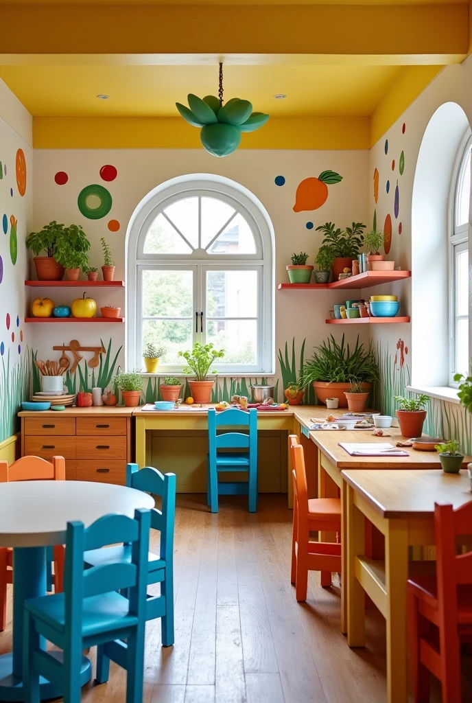Experimental kitchen for children in education , with blue colored chairs, Unripe, rot, yellow, with kitchen instruments , bowls Cutlery and wooden spoons , drawings of food on the walls , vegetables and fruits 
