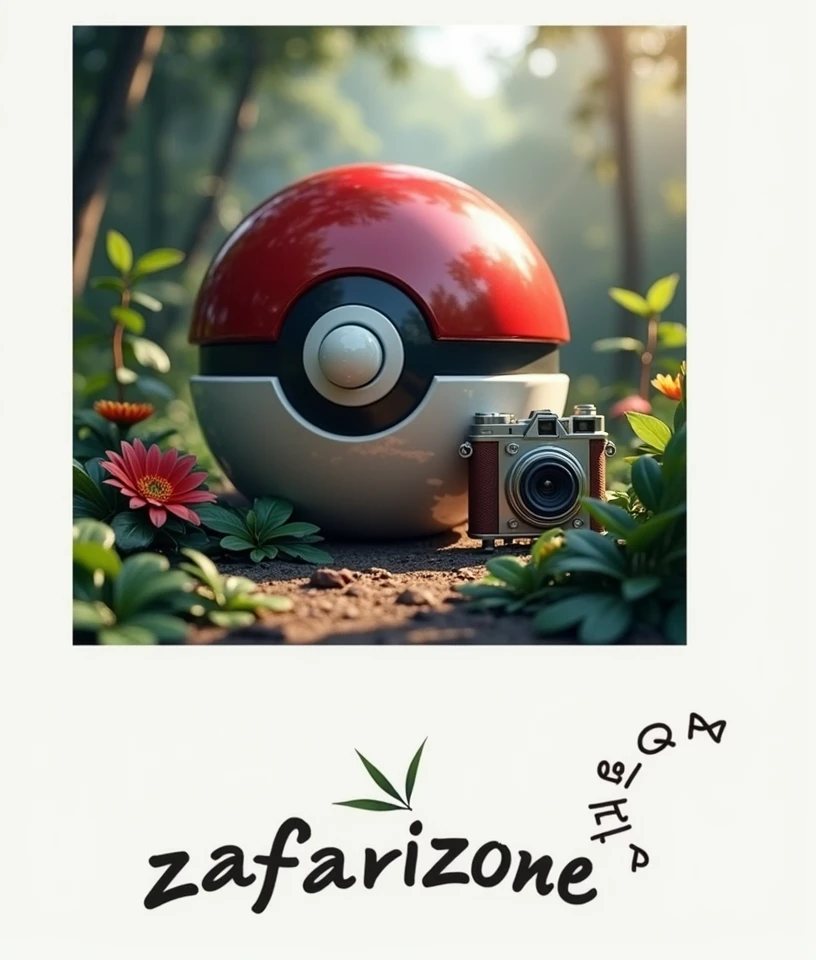 Create a pokeball and camera photography, the background should be a jungle and it should be high resolution, include the letters “zafarizone  by NahUM” dynamically, logo. 