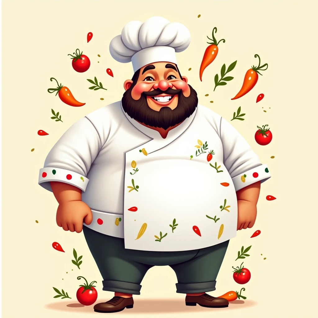 Pakistani , chubby, chef, happy, no background, illustration
