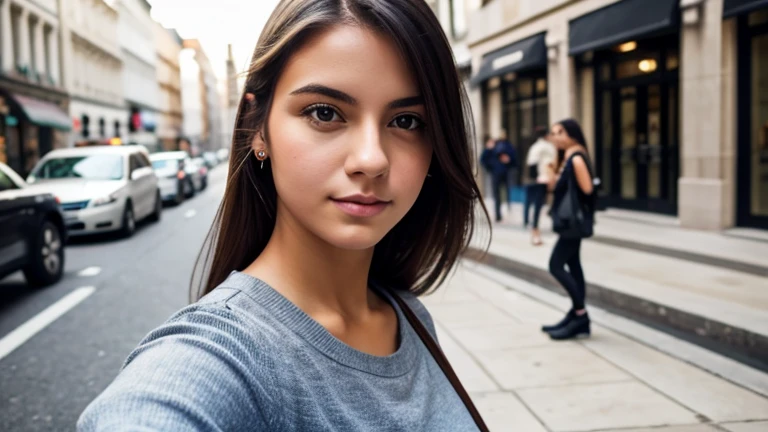 selfie, self portrait, young woman, Casual, on the street. realistic image.