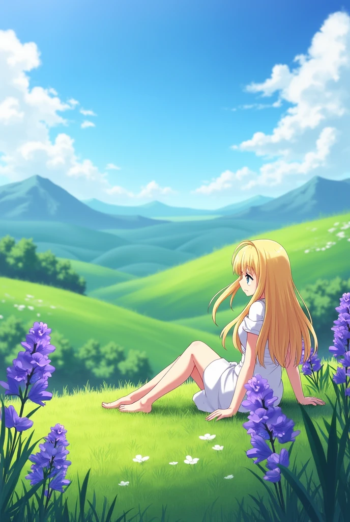 Create an image of a female anime character with blonde hair sitting on the grass, seen from the back, with purple flowers around and with a beautiful landscape around