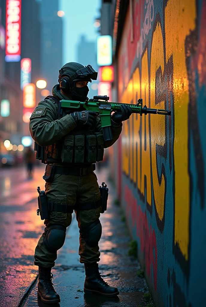 codm holding a green assault writing  a big letters of ABSTRACT on the wall with a grate view