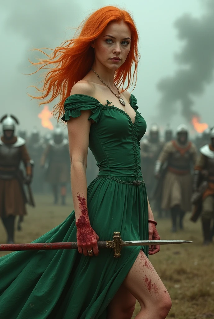 Penelope Featherington from the Bridgerton series agitated with sword in hand, the torn green dress, dirty and broken down to the legs. He has white skin and a bleeding hand, blue eyes, beautiful pink lips, full and curvy body, orange hair short to the ears and is 1.55