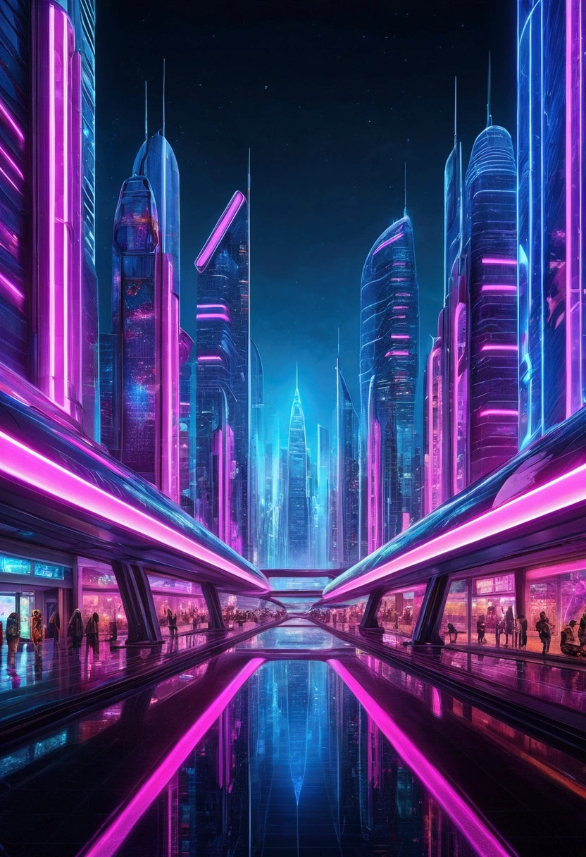 futuristic city at night:
Describe a futuristic city illuminated by vibrant neon lights, with glass skyscrapers reflecting intense blue lights, roxo e rosa. Flying cars cut through the sky, creating a sci-fi setting with hyper-realistic details.