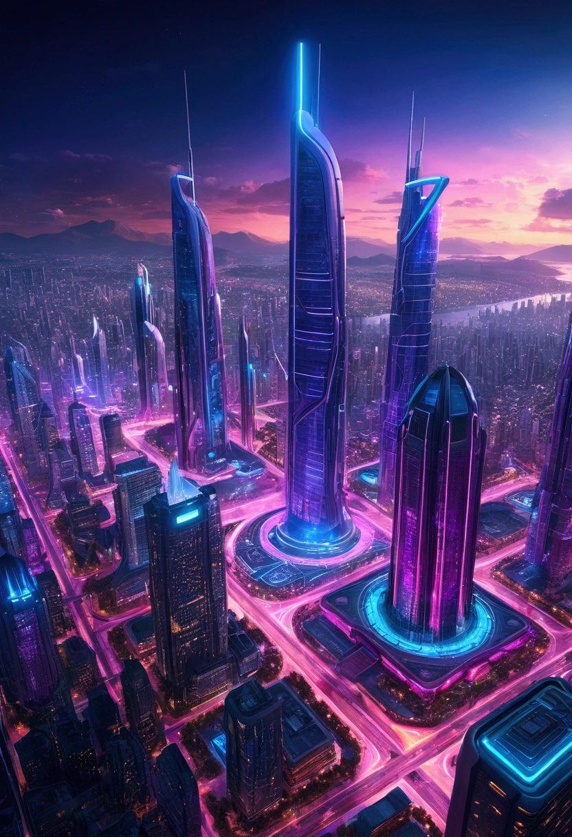 futuristic city at night:
Describe a futuristic city illuminated by vibrant neon lights, with glass skyscrapers reflecting intense blue lights, roxo e rosa. Flying cars cut through the sky, creating a sci-fi setting with hyper-realistic details.
