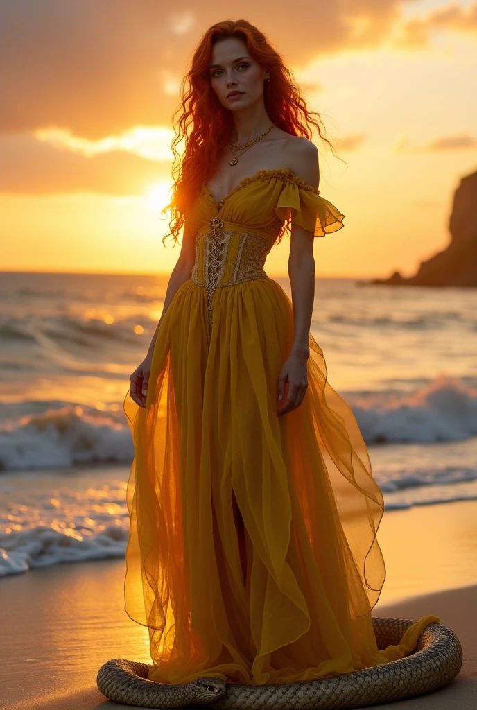 Red-haired snake woman,in yellow Victorian clothing,sunset background on the beach with sun rays