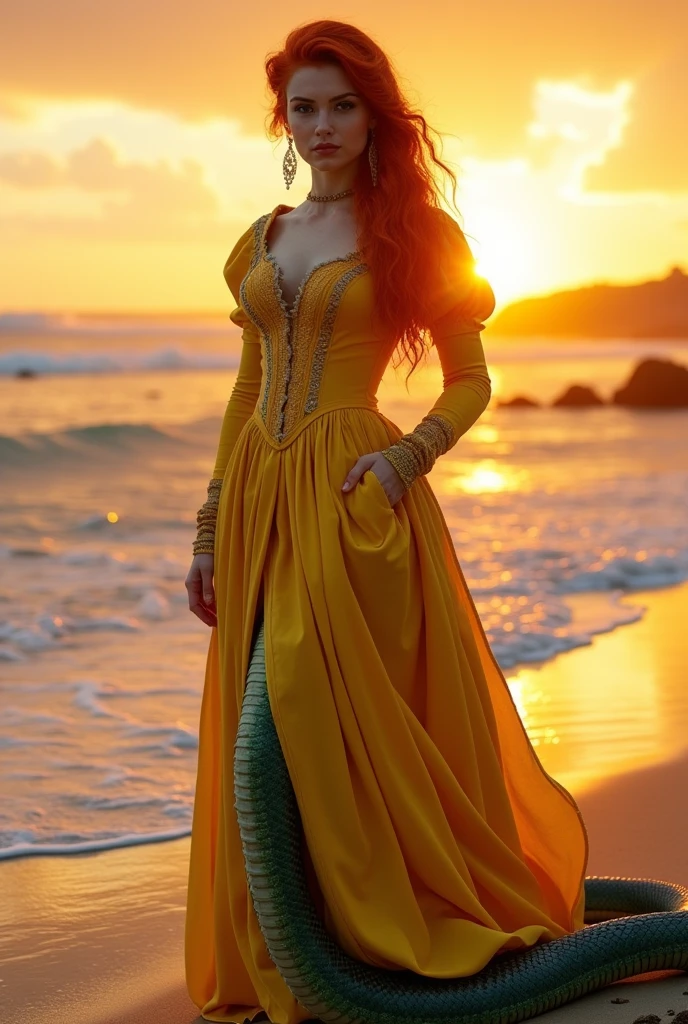 Red-haired snake woman,in yellow Victorian clothing,sunset background on the beach with sun rays