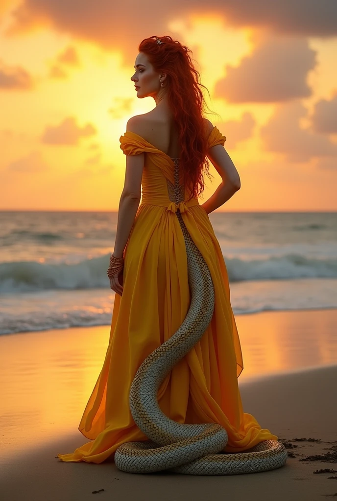 Red-haired snake woman,in yellow Victorian clothing,sunset background on the beach with sun rays