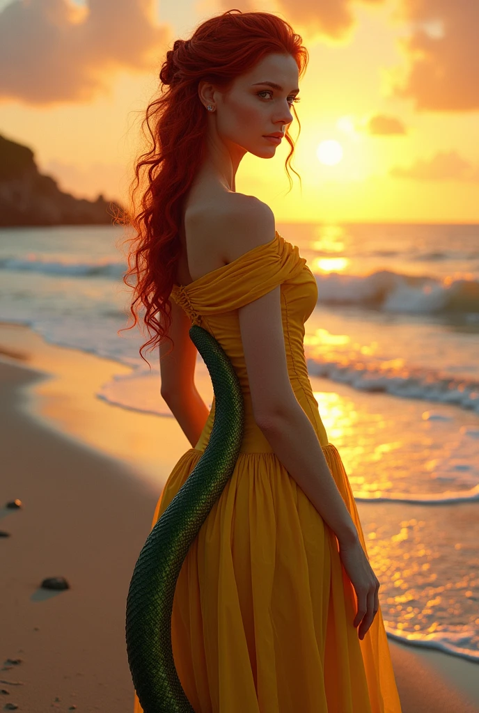 Red-haired snake woman,in yellow Victorian clothing,sunset background on the beach with sun rays