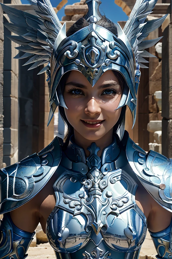 design, interior, interiordesign saint_cloth, Sacred_armor masterpiece, highest quality, (Highly detailed raw photos:1.2), 8K rendering on Octane, volume lighting, volume shadow、woman portrait, (Armor Reflection:1.2), smile, wing
((Realistic and highly detailed Greek ruins background))