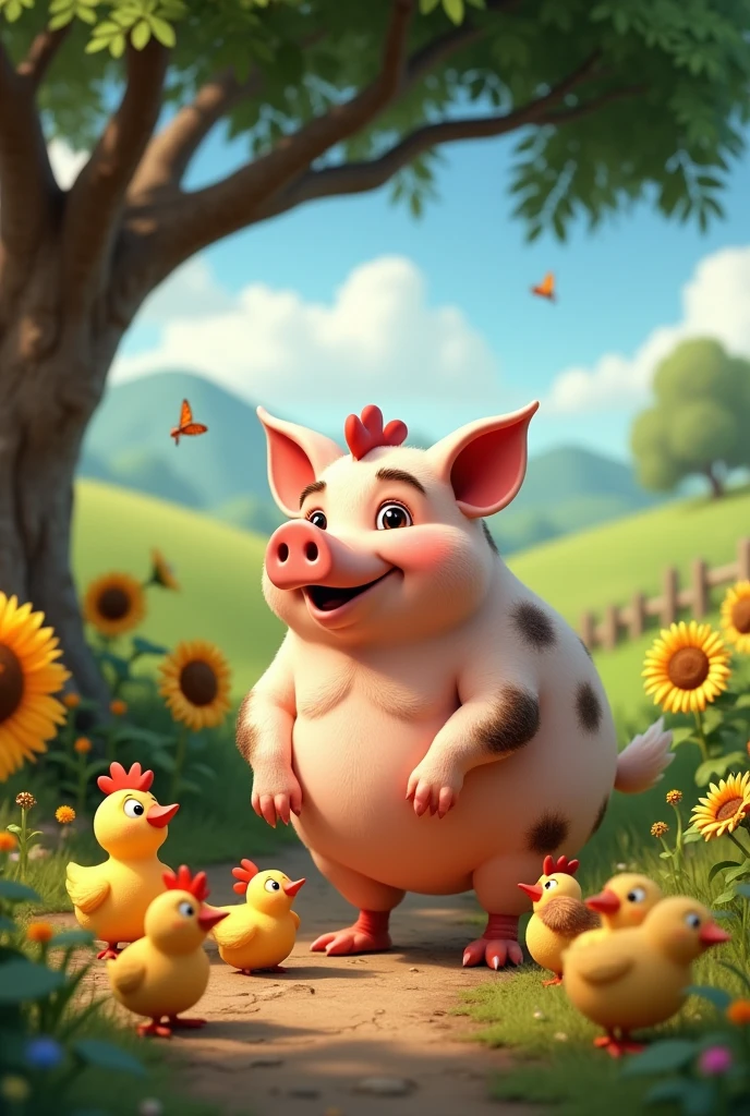 fat sow, without a crest gossiping and speaking ill of a rooster addressing the hen with her chicks pixar style