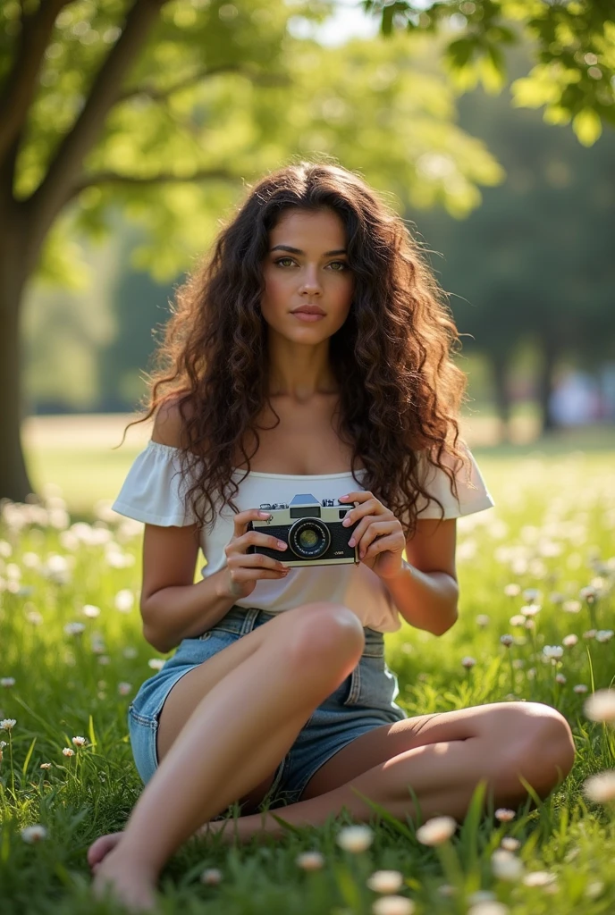 A brunette girl with curly hair and big breasts sits with her legs stretched out, taking a realistic photo