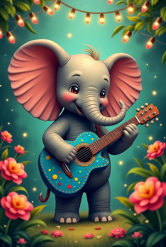 Elephant with a blue guitar, with colorful spots