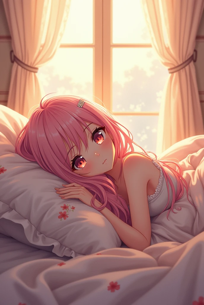 An anime-like girl who is naked in bed waiting for her lover.
