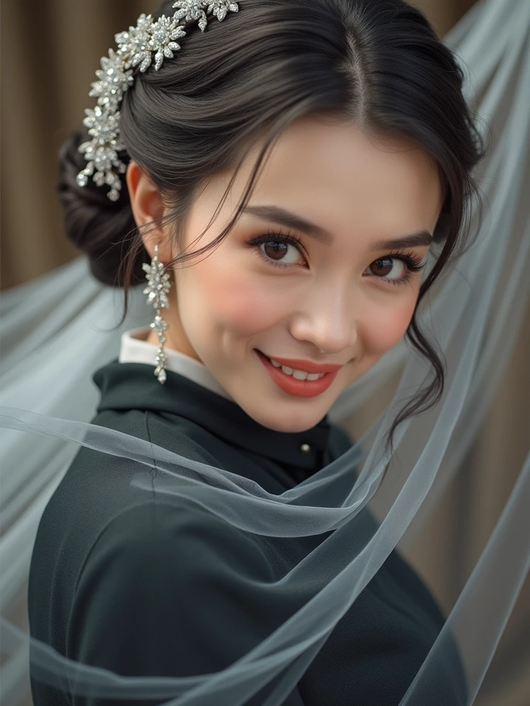 (Masterpiece), best quality, highest quality, highly detailed CG unity 8k wallpaper, original, high resolution, (depth of field: 1.5), fidelity: 1.3, breasts, bride portrait style, 1 girl, curtains, veil , bridal veil, wedding dress, curtains, jewelry, solo, earrings, teeth, bride, black_hair