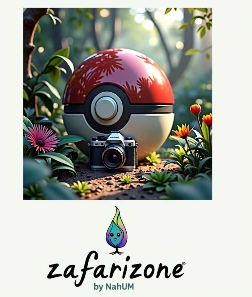 Create a pokeball and camera photography, the background should be a jungle and it should be high resolution, include the letters “zafarizone by NahUM” dynamically, logo.