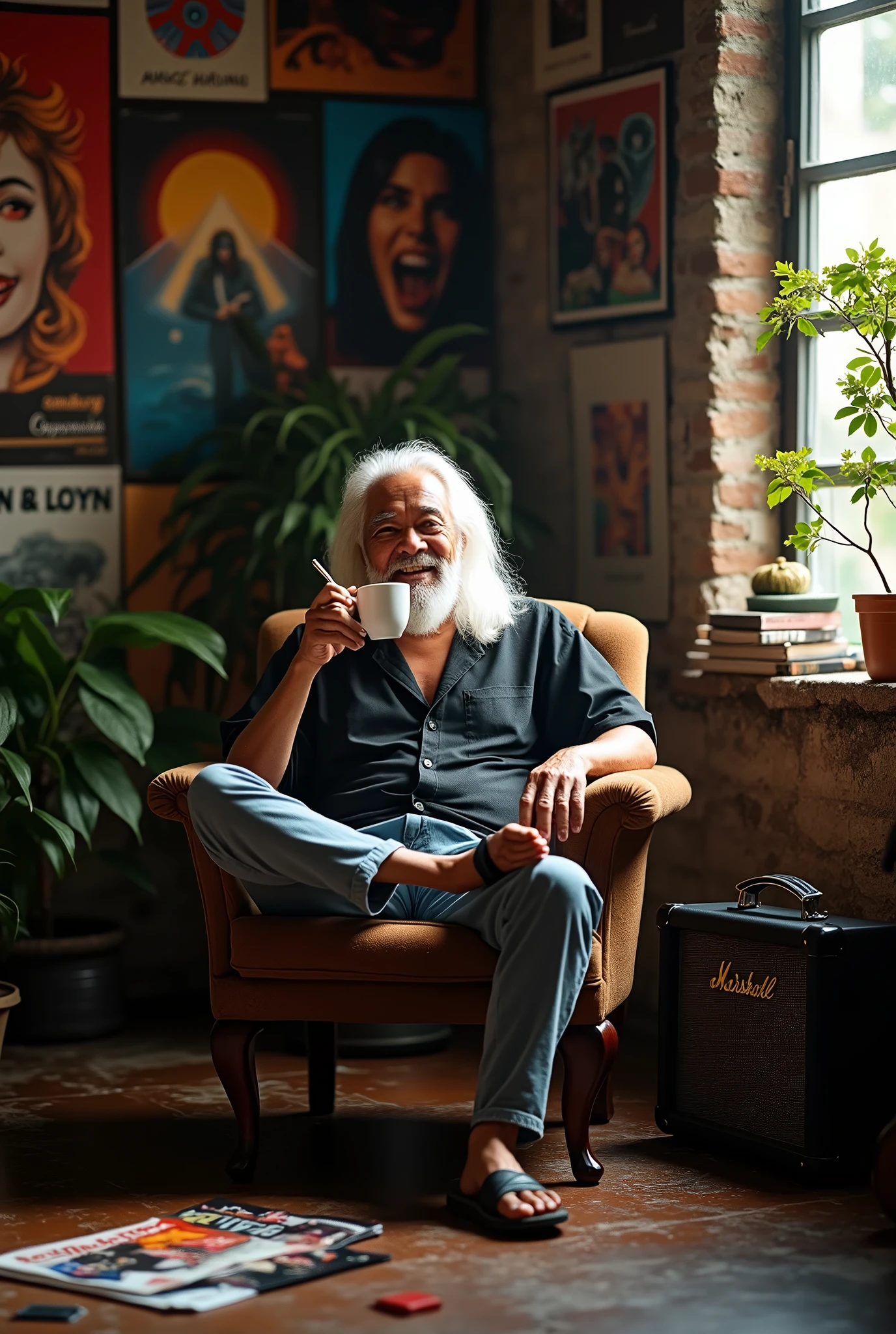 (photorealism:1.2) realistic high detailed definition Malay old man sitting on chair left hand hold cup of coffee and right hand hold cigarette smile face background filthy bricks wall on the room morning mode sunlight effect silhouette wearing shirt black shirt wrote iron maiden full body wearing glasses long white hair short jeans wearing slippers wet floor flower tree and electric guitar on side marshall amplifier magazines on floor poster pink Floyd on wall rack full of vinyl records skull on the table naked women poster on the wall