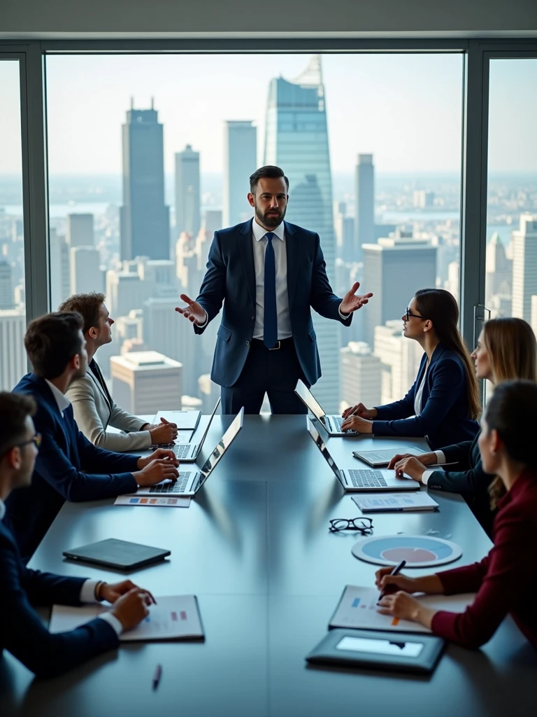 A business man at a meeting desk discussing with his employees