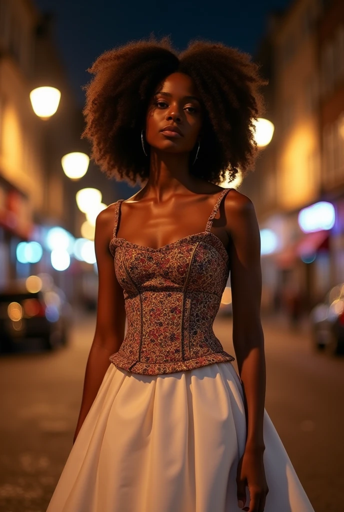 An African woman, she wears an artistic corset that shows off her breasts and a white rounded medium skirt, She has an elegant pose and is on a street at night, aesthetic style, medium closeup shot 