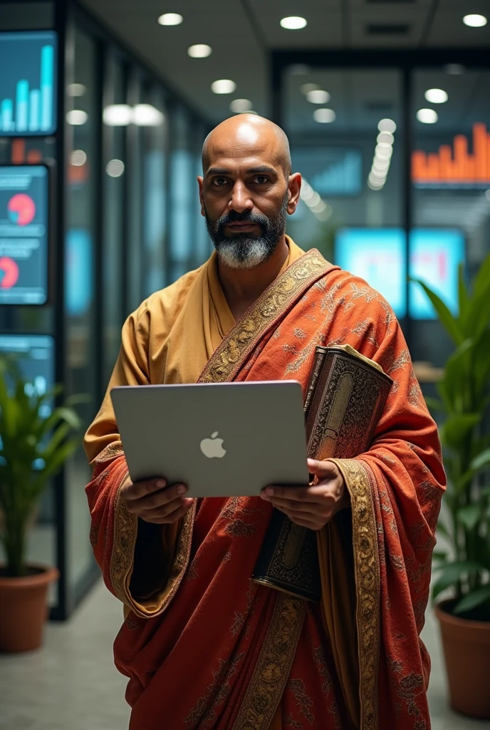 Corporate chanakya - sage chanakya holding macbook and vedas in hands