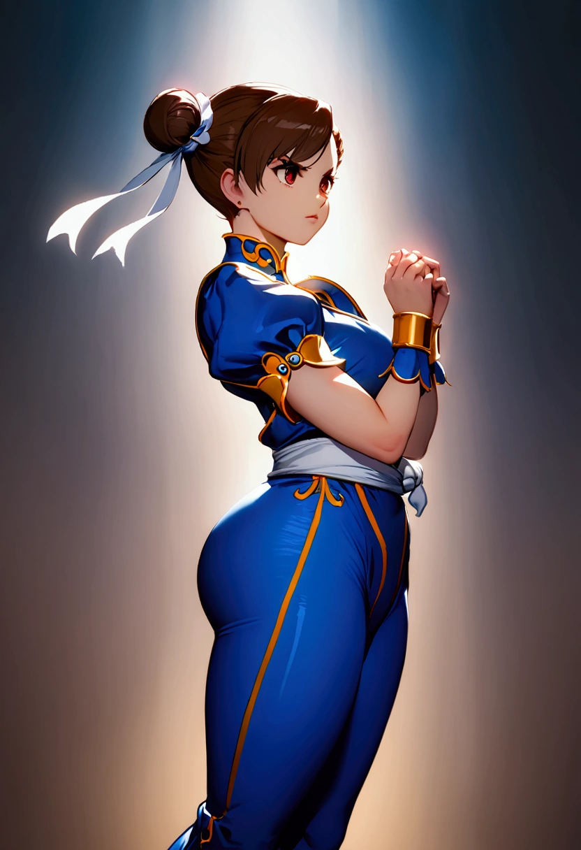 Chun-li, blue thighed pants, , wide hips, brown hair, buns hair, tied hair, game character,